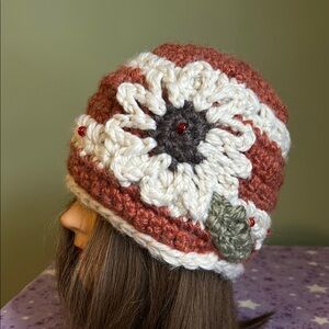 Crochet flower beanie medium soft acrylic thick yarn new